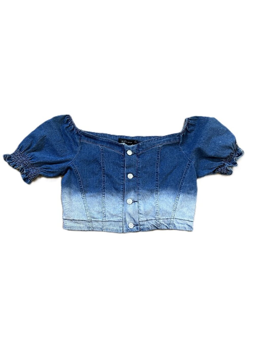 Y2K Style Denim Crop Button Shirt Puff Sleeves Off Shoulder Ombre L